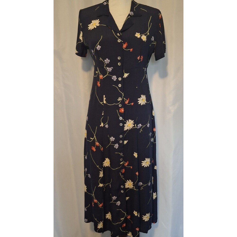 Vtg. 80s Navy Floral Midi Dress Womens Cottagecore Button down empire waist Sz 4